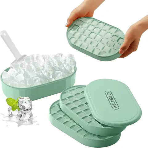 Double Layer Ice Cube Tray with Lid and Case - Stackable, Makes 72 Ice Cubes with Container, Spoon, and Lid Included BPA-Free