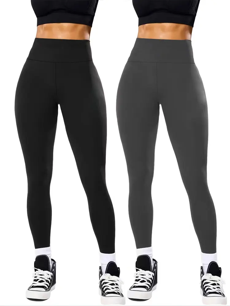 กางเกงเลกกิ้งโยคะเอวสูงสำหรับผู้หญิง แพ็คคู่ สีผสม ผ้าไหมน้ำแข็ง สัมผัสนุ่มเหมือนผิวเปลือย เหมาะสำหรับออกกำลังกาย พิลาทิส โยคะ ทรงสกินนี่ ซับเหงื่อ