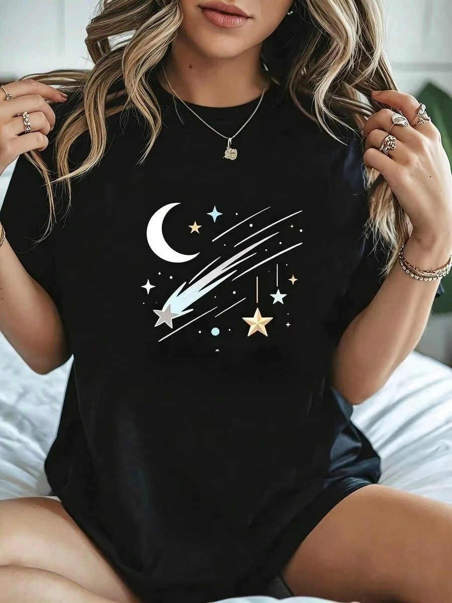 Women's Crew Neck Short Sleeve Graphic Tee Night Sky Moon and Stars Printed Summer Casual Daily Women High Qaulity Selection Tee