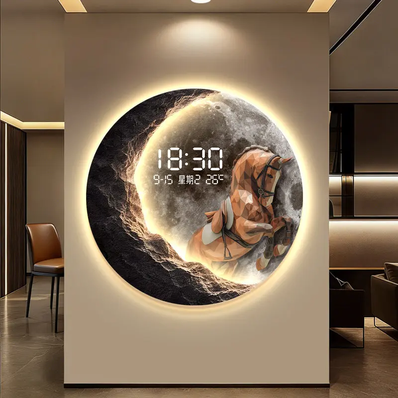 Modern minimalist digital display screen decoration painting, light luxury moon mural, high-end wall clock atmosphere light