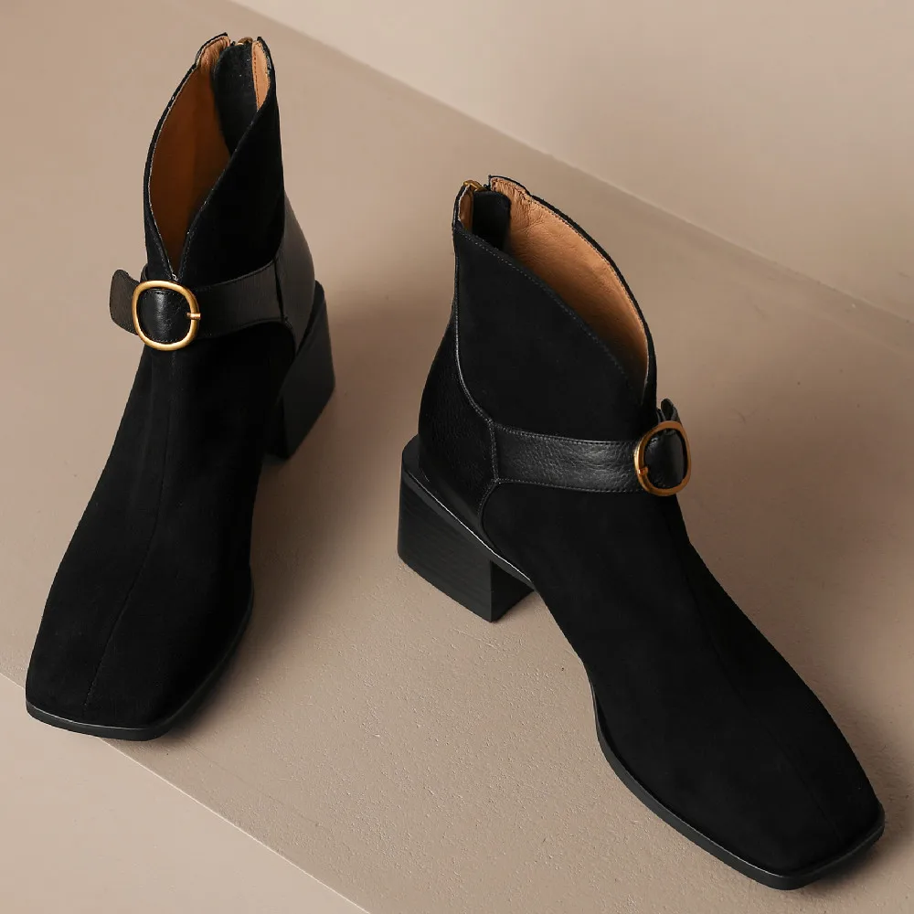 Women\'s natural suede leather patchwork thick 5cm med heel back zip autumn ankle boots metal belt decoration female short boots