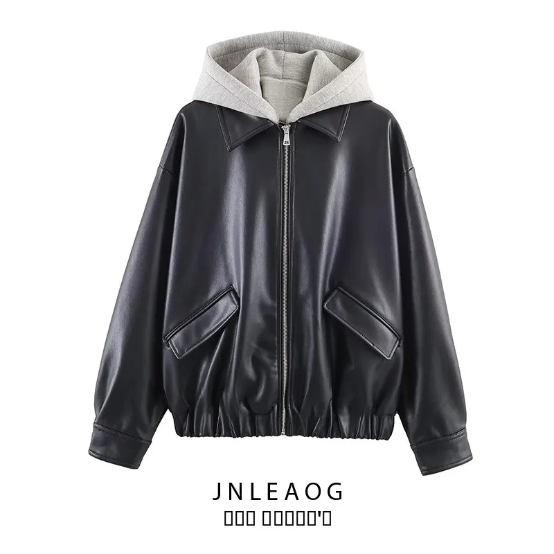 Veste Patchwork Effet Cuir Tendance pour Femme – Nouvelle Collection Automne JNLEAOG – Manteau Polyvalent en Polyester à Manches Longues et Fermeture Éclair