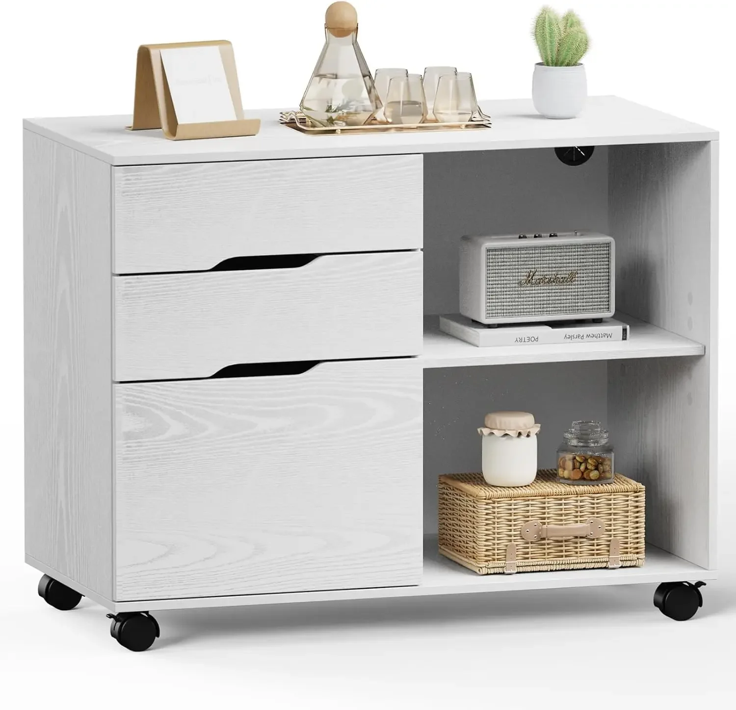 3 Drawers Lateral File Cabinet, Rolling Wooden Printer Stand Under Desk Storage Organizer