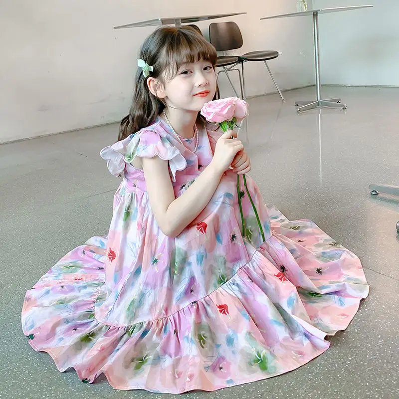 Girls New Dress Summer Fashion Sweet Floral Skirt Big Children Princess Dress Summer Trend Flower Girl Dresses for Weddings 4-6Y