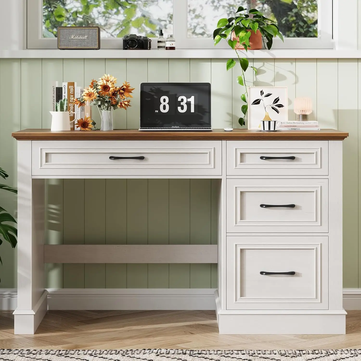 White Executive Desk with 4 Drawers & File Storage, Computer Workstation for Home Office Study, 47