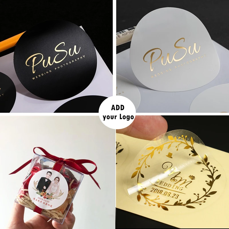 100pcs/Lot Personalized Custom Logo Stickers Clear Transparent Rose Gold Foil Silver Business Logo Stickers Wedding Stickers