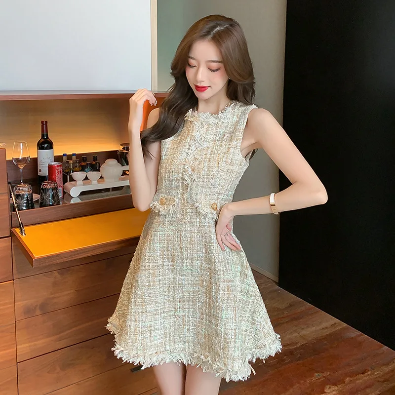 Apricot color tweed jacket +dress sleeveless suit spring / autumn women's jacket fresh striped o-neck ladies 2 pieces skirt suit