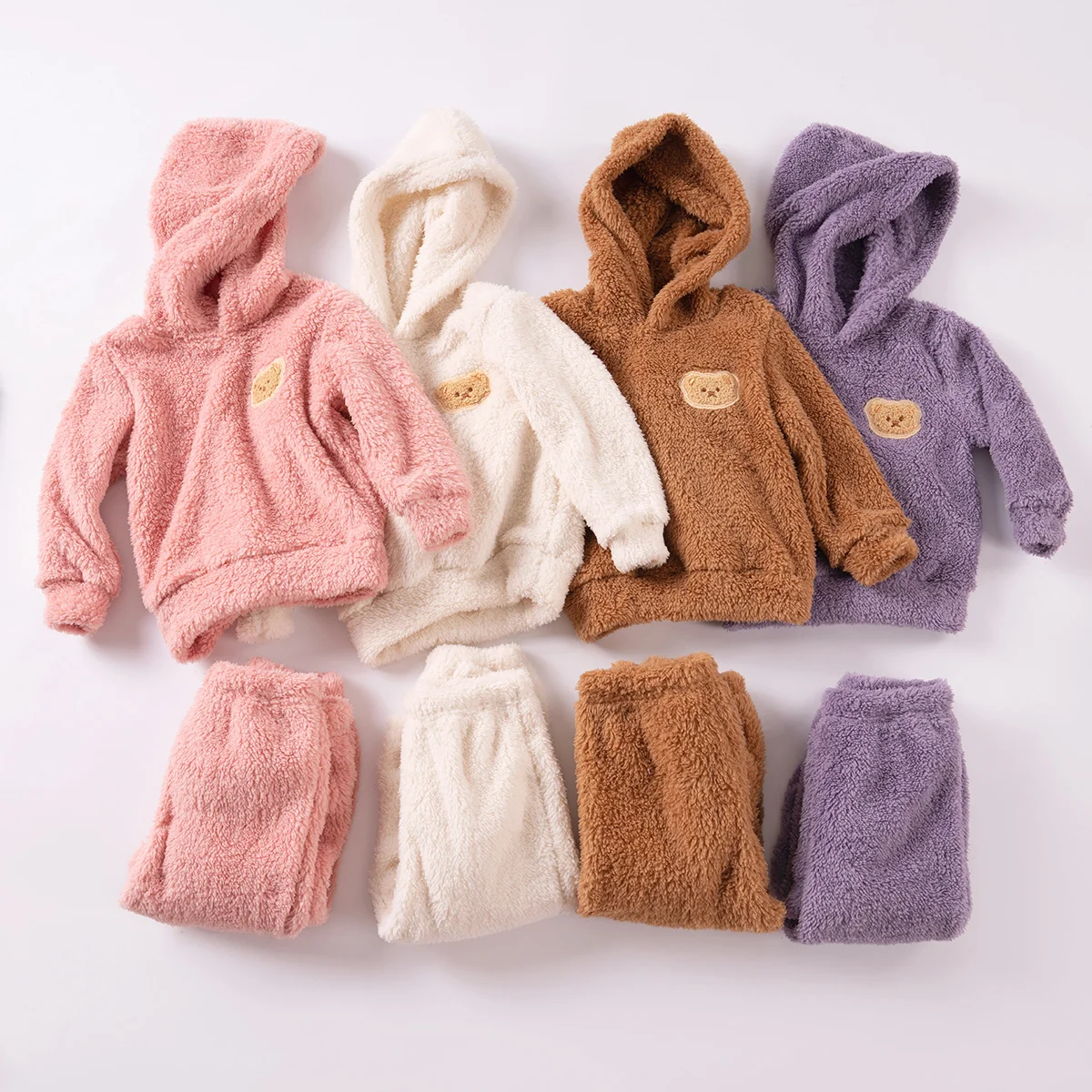 Toddler Girls Polar Fleece Cute Sweatshirt Suits Bear Patch Warm Hooded Hoodies+Pants 2pcs Sets Children Boys Outfits Winter