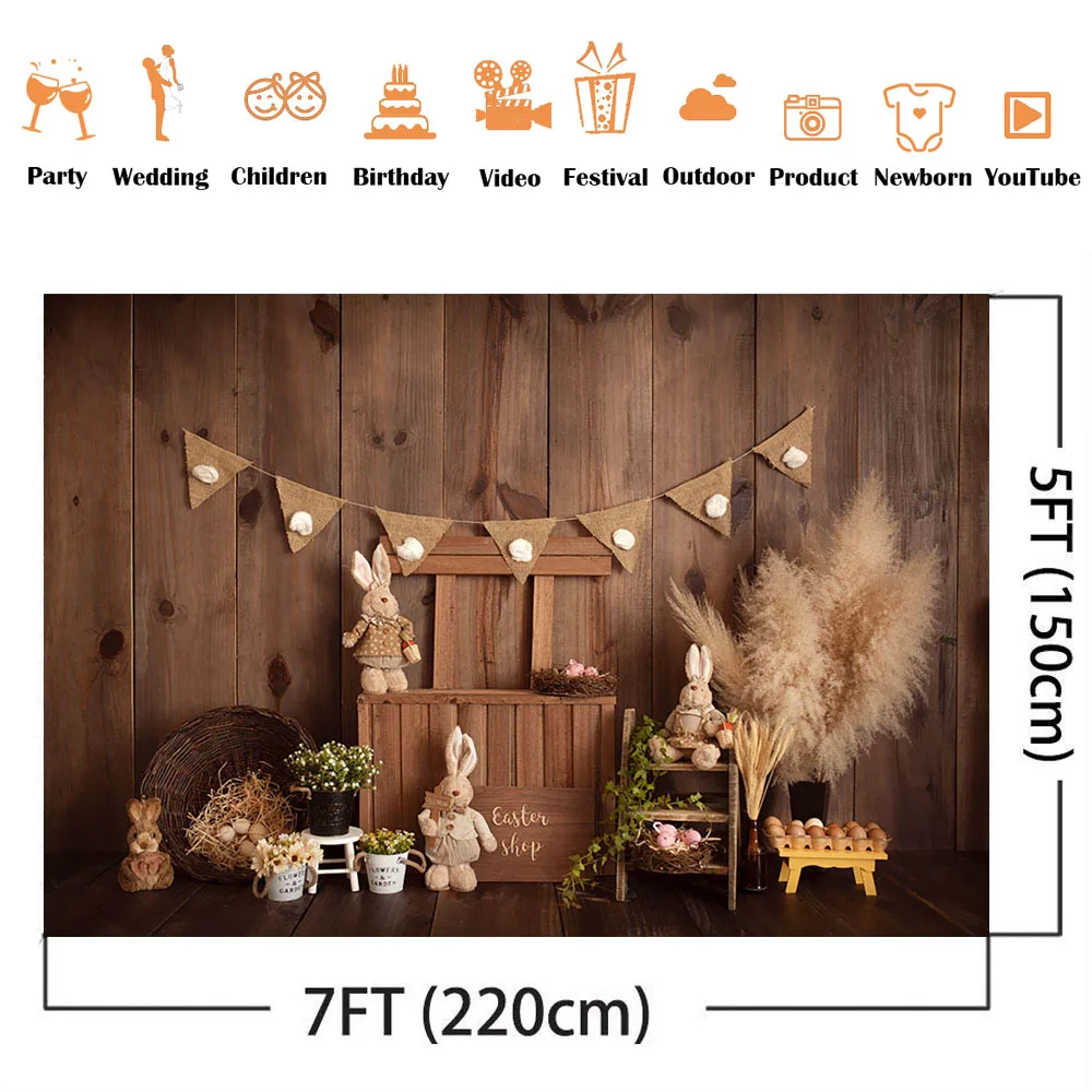 Boho Easter Shop Photo Backdrop Rabbit Kids Birthday Portrait Background Flower Rustic Wood Shoot Newborn Cake Smash Photography