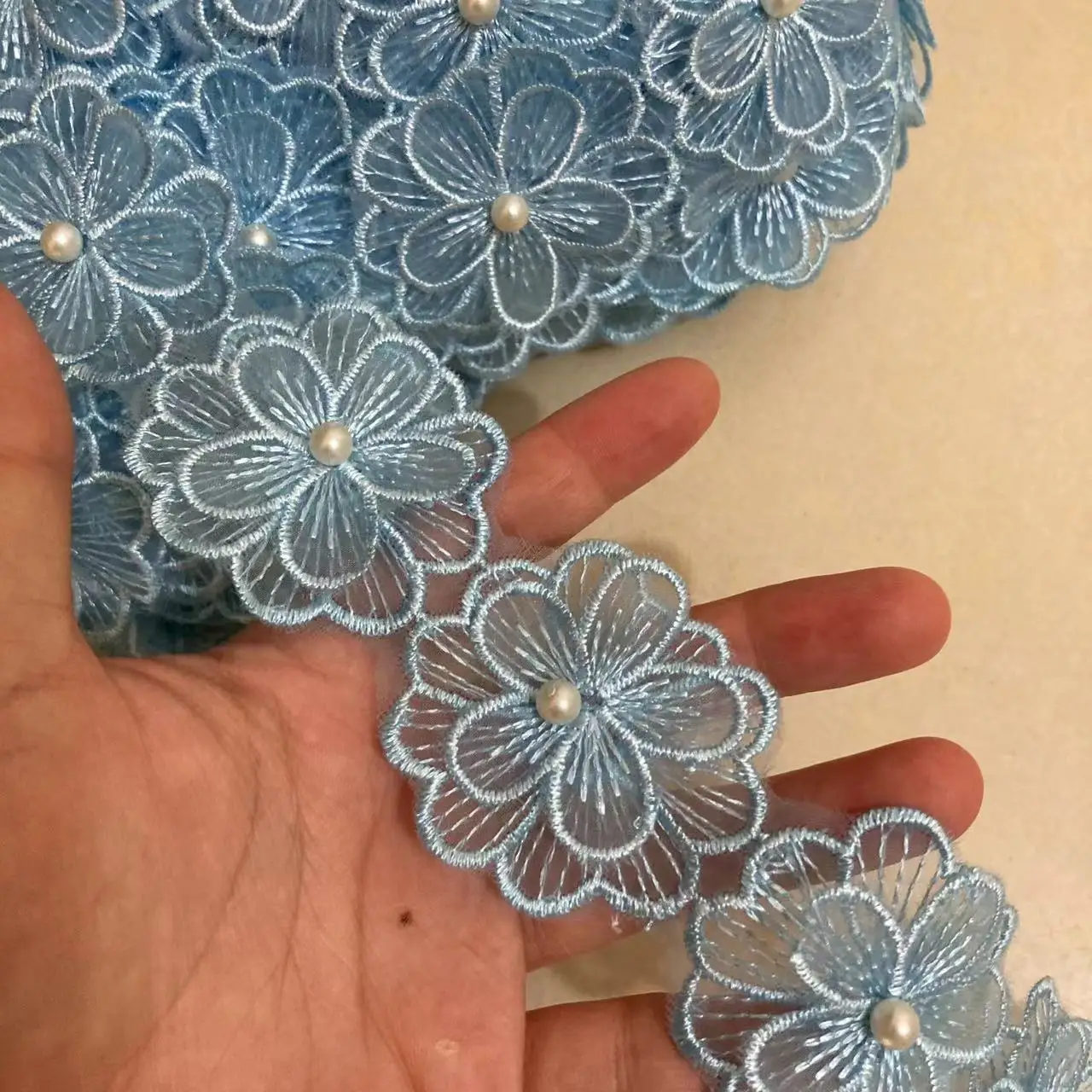 1 yard Blue Pearl Beaded Embroidered Flower Lace Ribbon Trim Floral Applique Patches Fabric Sewing Craft Vintage Wedding Dress