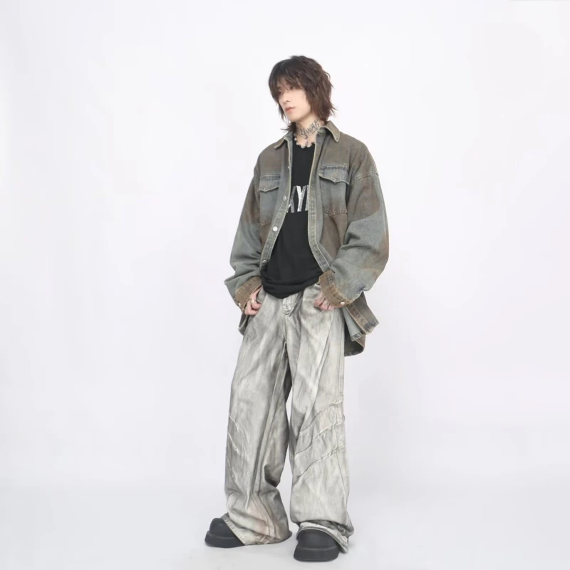 2024 Trend Gradient Mens Denimเสื้อแจ็คเก็ตอเมริกันHigh Street Single BreastedคาวบอยCardigan Retroรถจักรยานยนต์เสื้อบาง