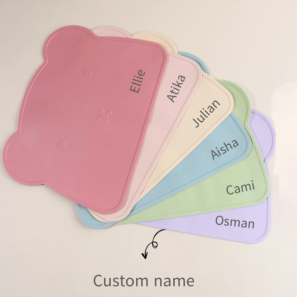 1pc Bear Shaped Custom Name Cartoon Placemat for Kids - Portable & Foldable Silicone Mat