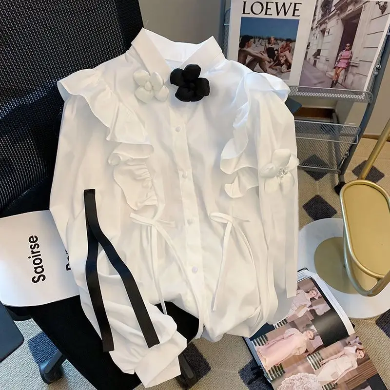 Spring Autumn New Solid Color Fashion Long Sleeve Shirt Women Elegant POLO Collar Button Cardigan Ruffles Bow All-match Blouse