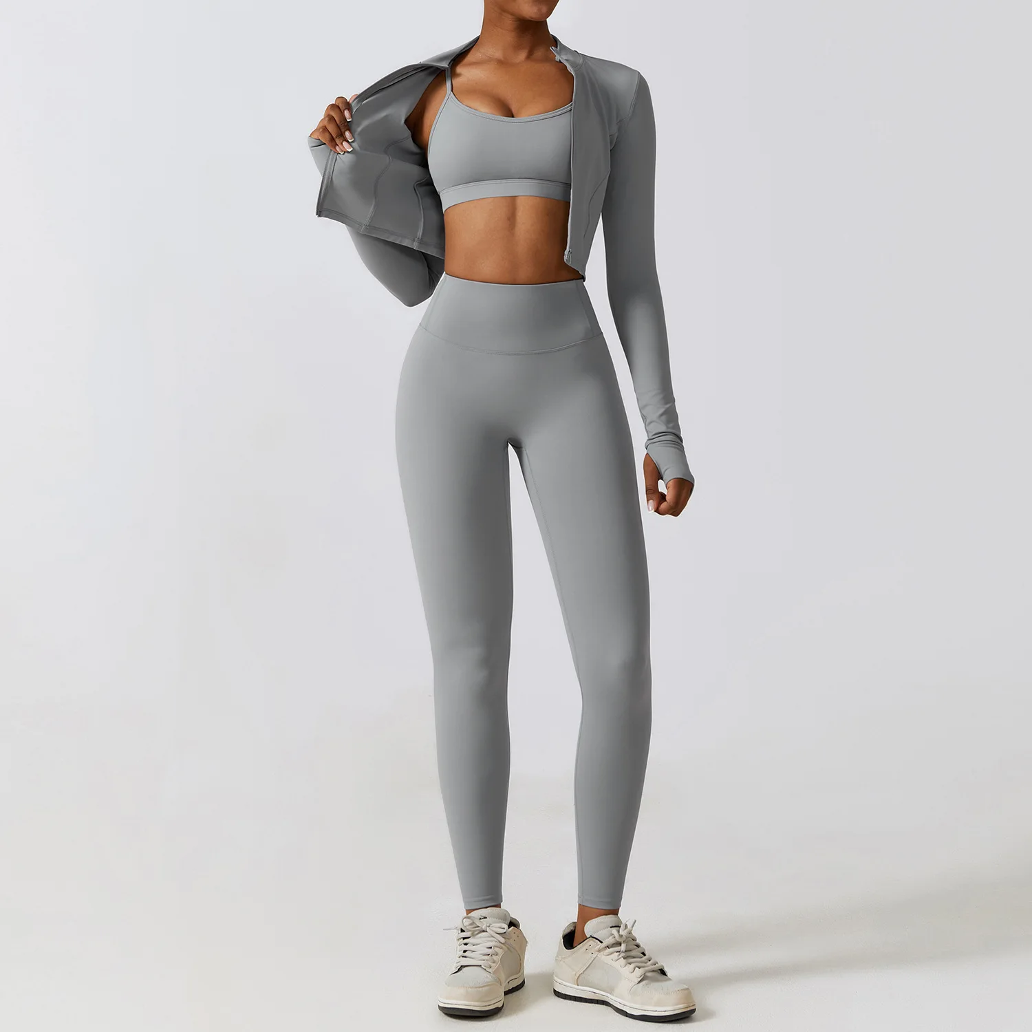 Women Solid Color 3 Pieces Fitness Yoga Set Stretch Athletic Suit Sexy Bra Zipper Jacket High Waist Leggings Female Sportswear