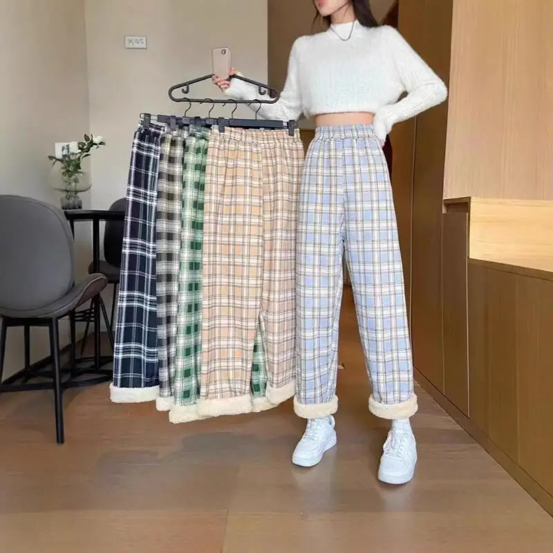 2026 Women Autumn Winter New Checkered Wide Leg Pants Thick Velvet for Students High Waist Straight Leg Casual Warm Home Pants