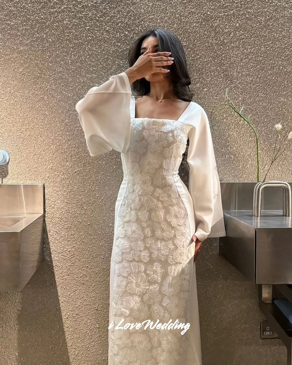 

White Square Neck Prom Dress Long Sleeve Flower A-Line Beaded Floor-Length Party Dress فساتين سهرة Pleated Customized