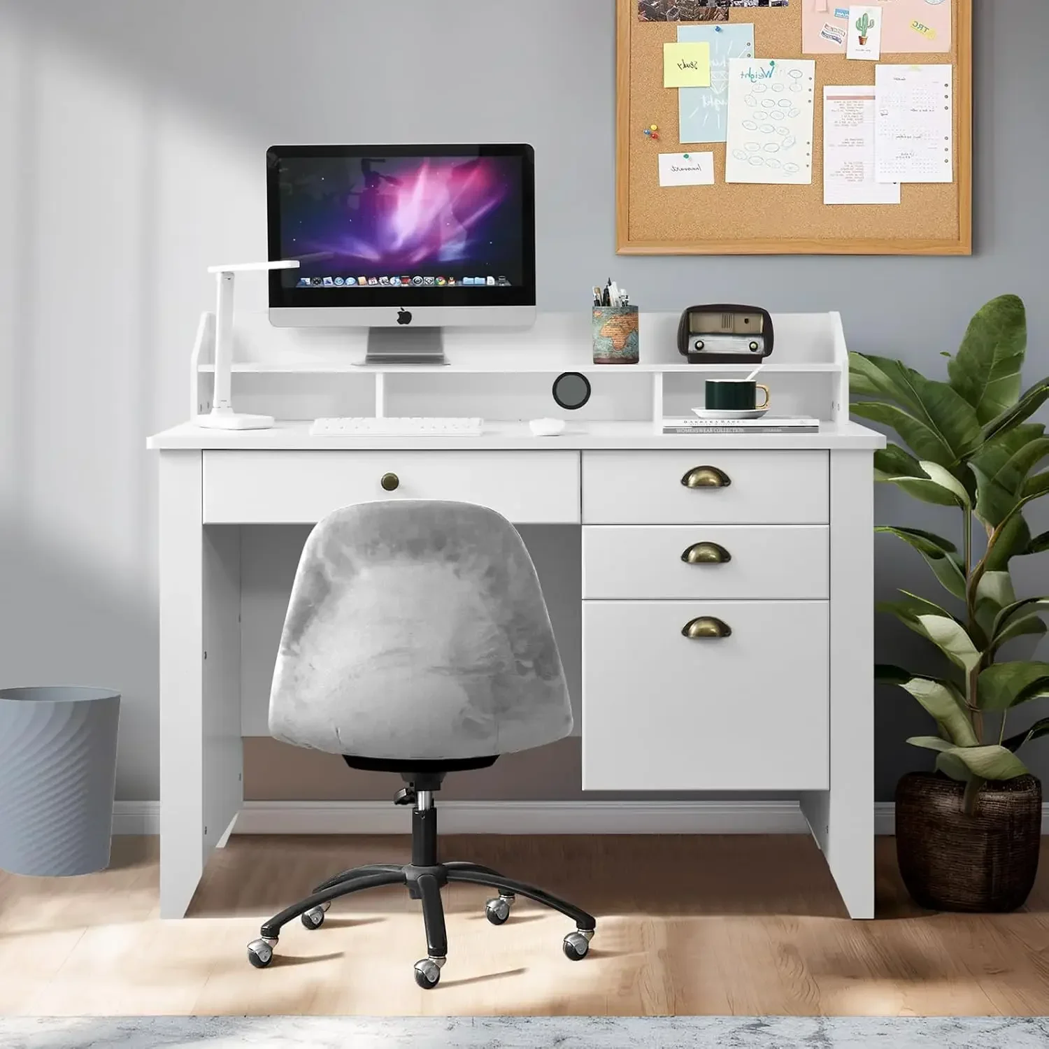 White Desk with Drawers, 47 Inch Home Office Computer Desk with File Drawers Student , Small Desk with Drawer for Bedroom, White