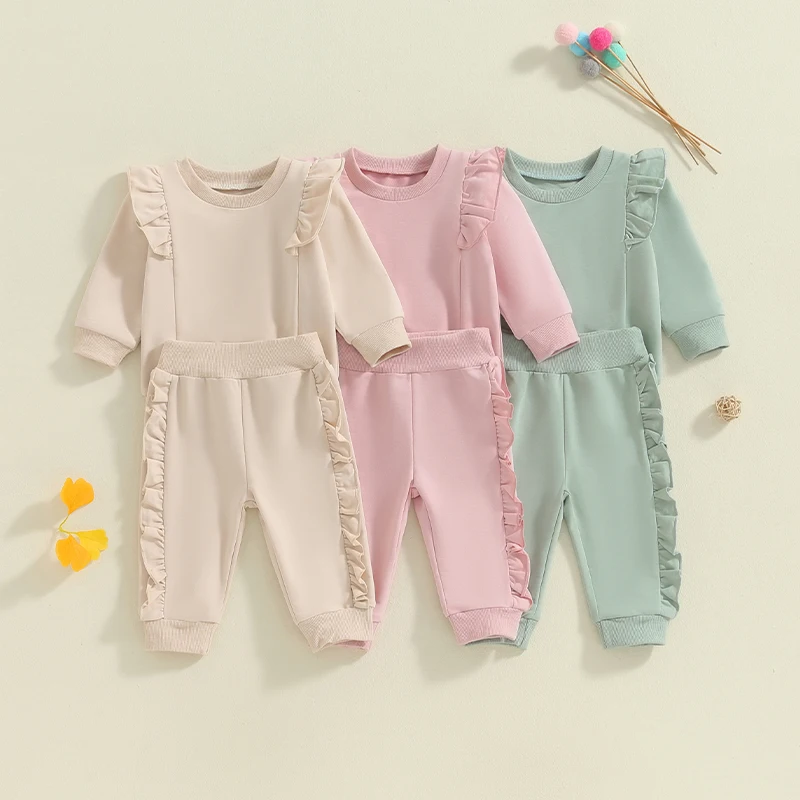 

2024 Two Piece Casual Autumn Infant Set Toddler Girls Ruffles Long Sleeve Sweatshirt+Loose Pants Newborn Baby Clothing Sets