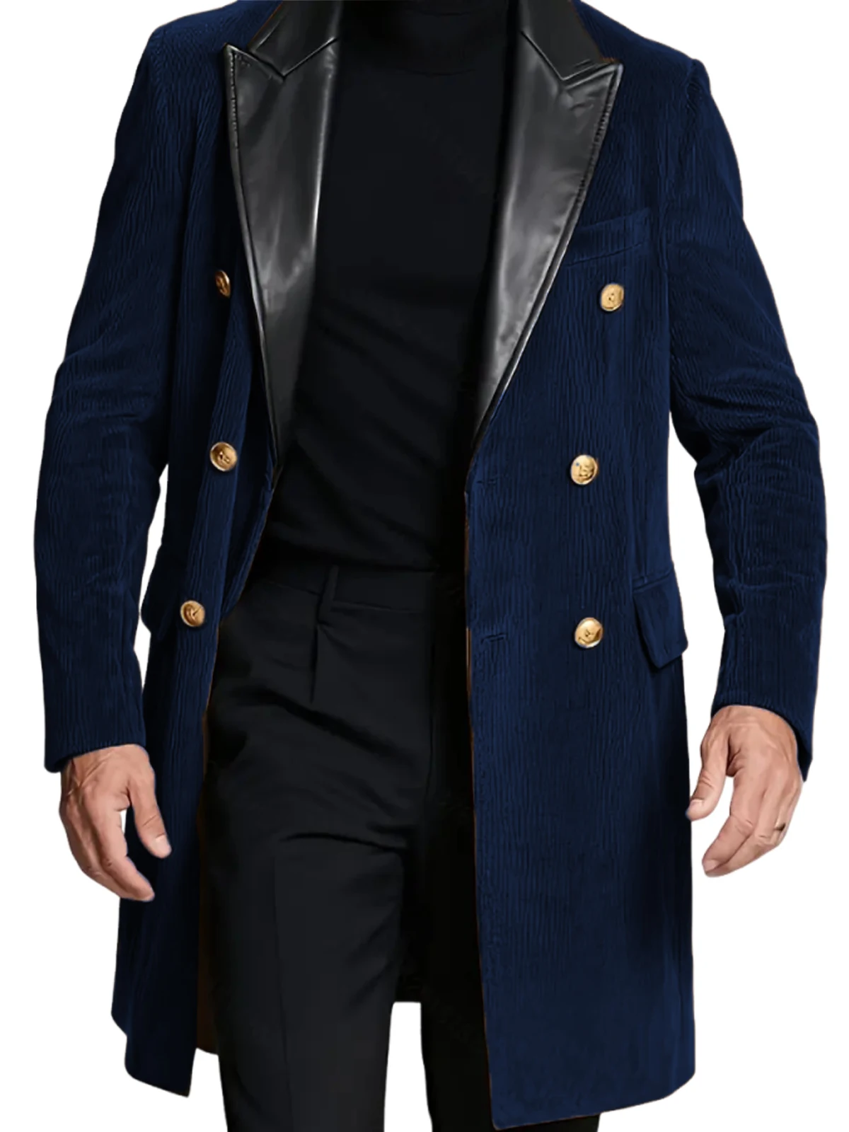 Outono inverno trincheira masculina duplo breasted veludo retalhos lapela de couro jaqueta longa outono casual vintage blusão casaco