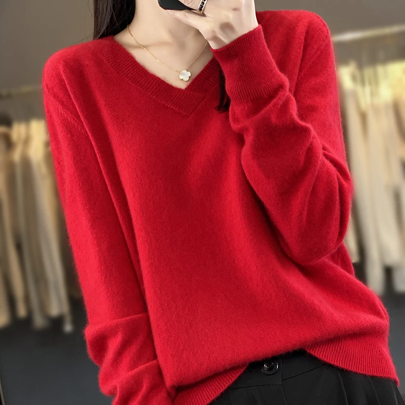 2023 Autumn/Winter New V-neck Loose Women\'s Sweater 100% Woolen Sweater Pullover Long Sleeve Knitted Cashmere Top Sweater