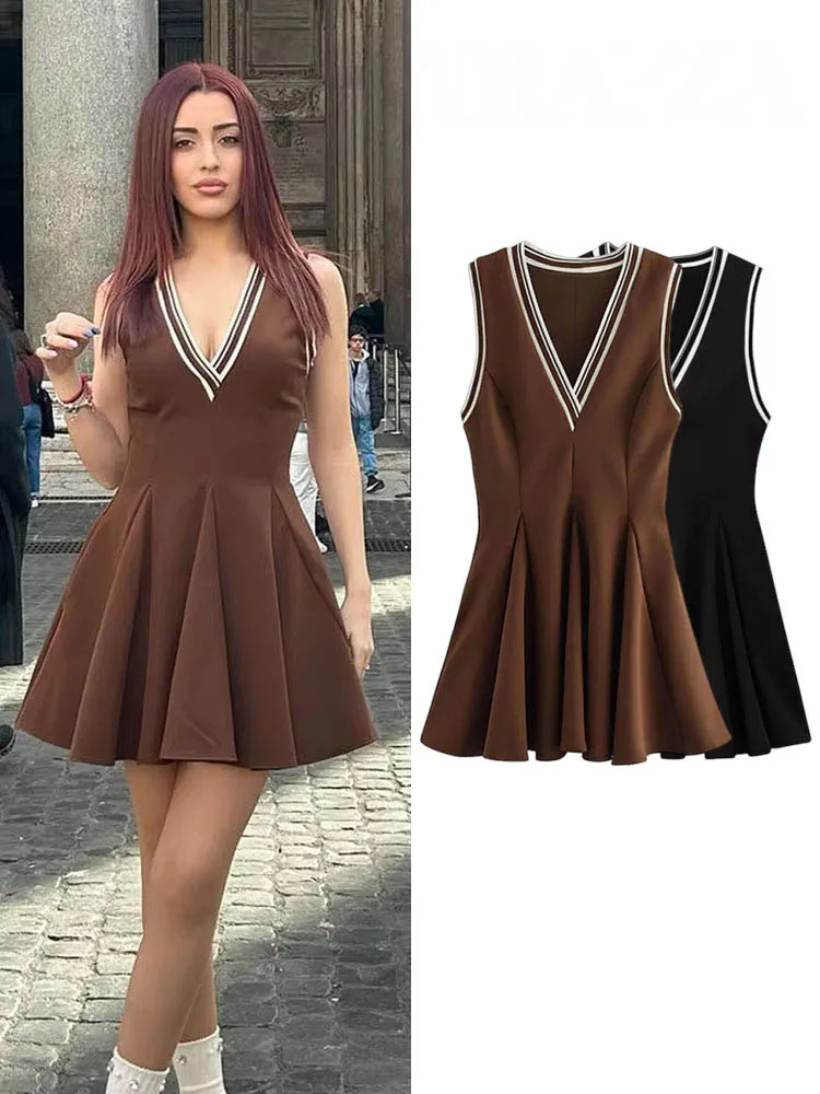HH Damskie Sukienki Nowa Moda Brązowa Sukienka Bez Rękawów z Dekoltem w Serek i Bocznym Zamkiem Błyskawicznym Letnia Sukienka w Stylu Wakacyjnym Dopasowana Sukienka Ołówkowa