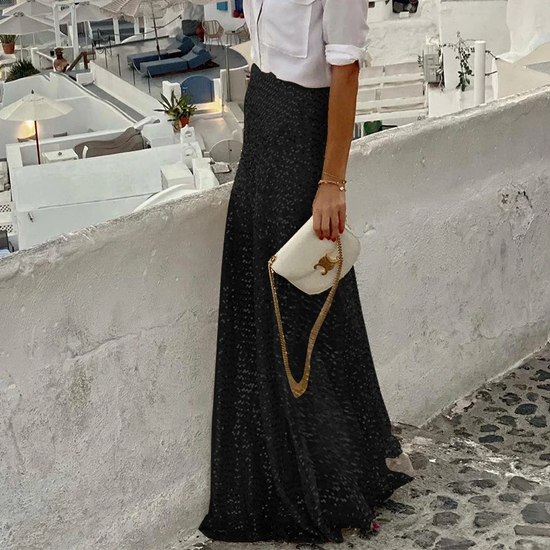OMSJ Simple Solid Stylish Women's Sequined Glitter Pleated Maxi Skirts Temperament Elegant Lady Party Holiday New Outfit Bottoms