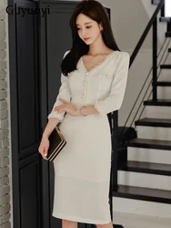 Elegant Office Lady Dress Spring Solid Color Simple V-Neck Single Breasted Trim Seven-Point Sleeve High Waist Tight Women Dress