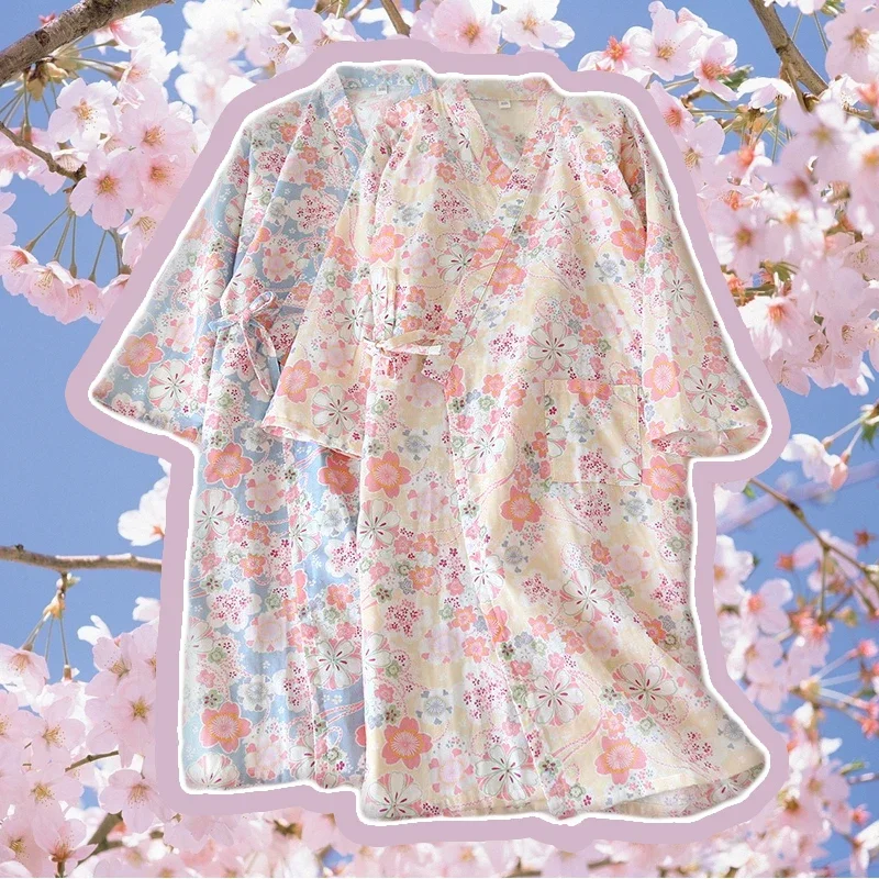 Japanese Homewear Kimono Style Pajamas Robe Bathrobe Spring Summer Lounge 3 Quarter Sleeve Sleepwear Cotton Sakura Print