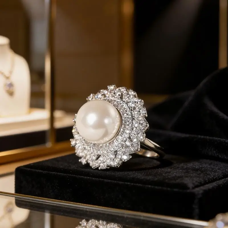 Huitan Wunderschöner runder Damenring mit Imitationsperle, ausgefallenes Zubehör für Hochzeit, Verlobung, edler, voll glänzender CZ-Damenschmuck, Geschenk – Detail 5