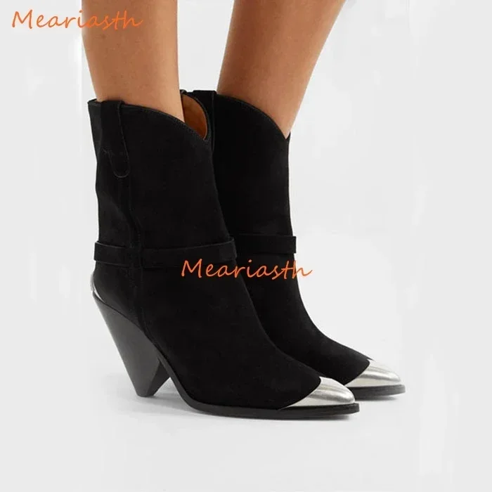 2024 Calf Suede Pull-on Ankle Boots Metal Pointy-Toe High Tapered Heels Boots Slouchy Double Tongue Opening Women Botines Mujer