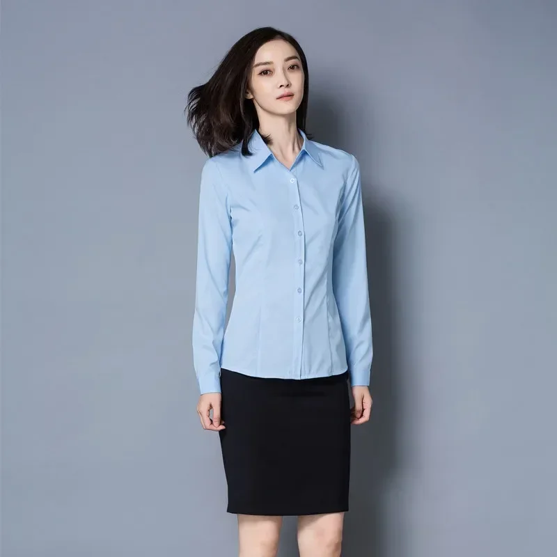 Camisa azul claro para mujer, ropa interior informal coreana, talla grande, ropa Formal Social para oficina, Tops de manga larga para mujer, Primavera