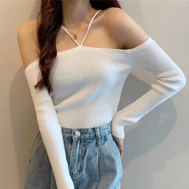 Suéteres recortados sin hombro para mujer, suéter Halter Delgado, Top de manga larga, Tops de punto negros para mujer, ropa de invierno para niña