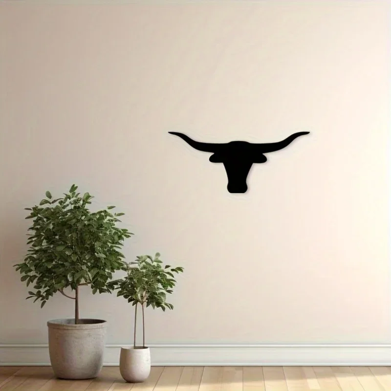 2D Metal Texas Longhorn Metal Wall Art - Black Silhouette with Golden Accents, Rustic Western Decor for Ranch, Cow Lover Gift