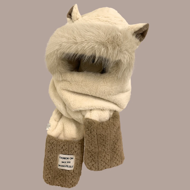 Cute Cat Ears Plush Hat Children's Winter New Warm Scarf and Glove Integrated