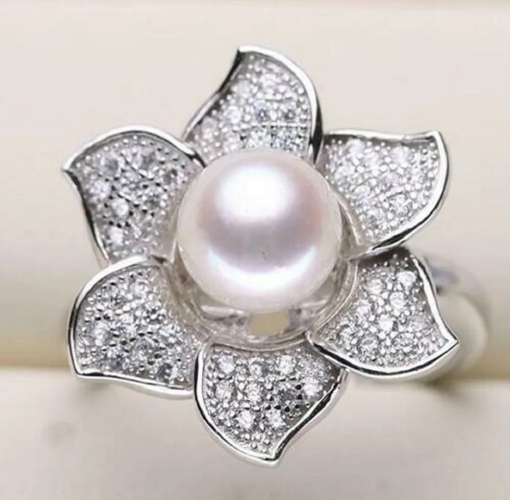 Popular Dainty Akoya White Round Pearl Petal Ring 925S with Adjustable Size