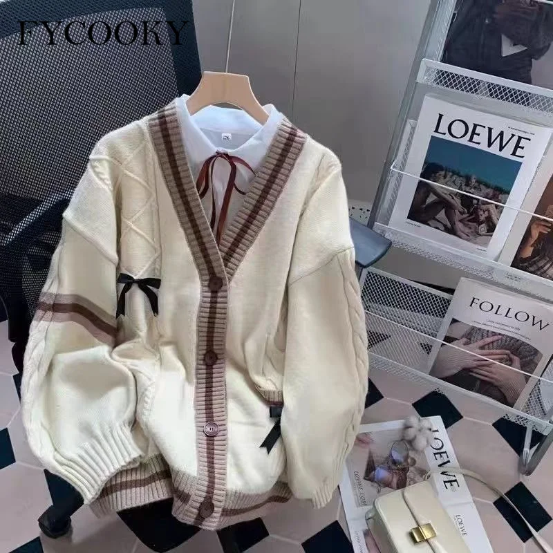 Neue 2025, japanische Schleife, Strickjacke, Strickjacke, Damen, Herbst und Winter, lose Strickpullover für Damen