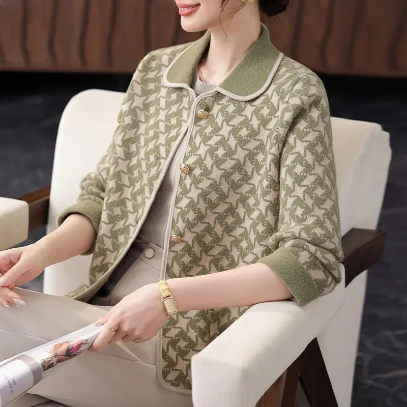Middle-aged Mother's Coat for Women in Spring and Autumn Knitted Jacket Rich Wife Cardigan Printed Top Fashionable