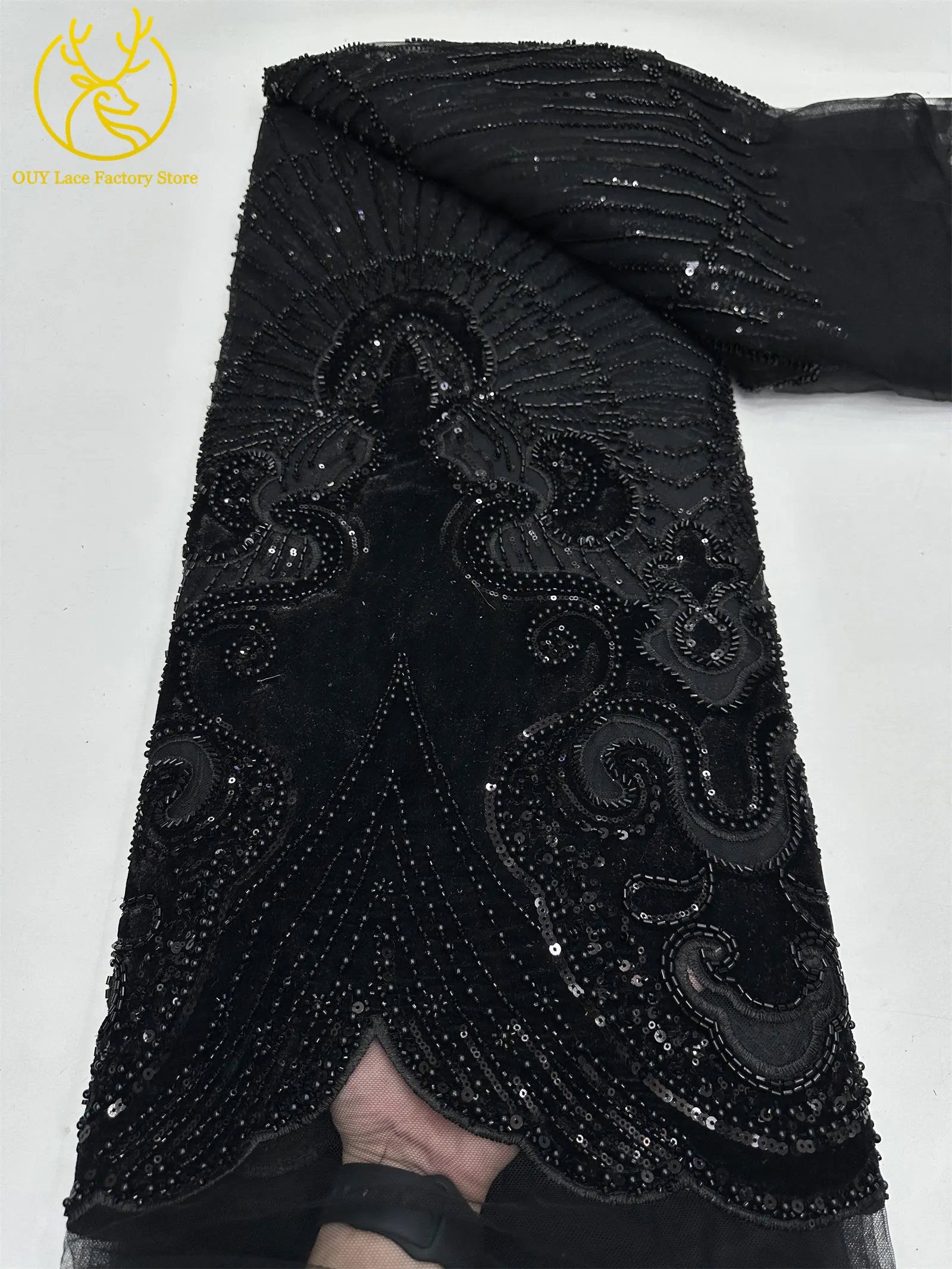 Luxuriöser afrikanischer Samtstoff mit goldenen Perlen und Pailletten, 5 Yards, weinrot, bestickter französischer Tüll für Damen-Partykleider – Detail 16