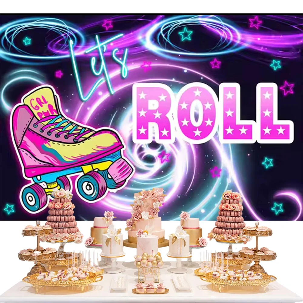 Фон для фотосъемки Let's Roll для девочек 80-х 90-х годов, розовые неоновые огни для катания на роликовых коньках, Радуга, дискотека, фотофон на день рождения XZ-01