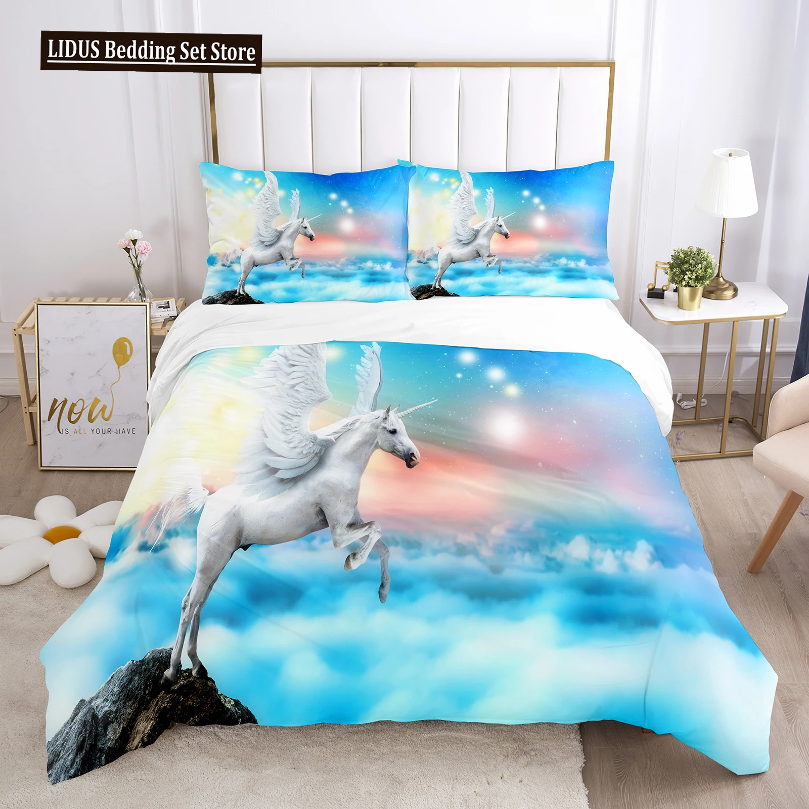 Unicorn Duvet Cover Set White Horse With Wing 3D Print King Size Polyester Comforter Cover For Kids Bedding Set With Pillowcase