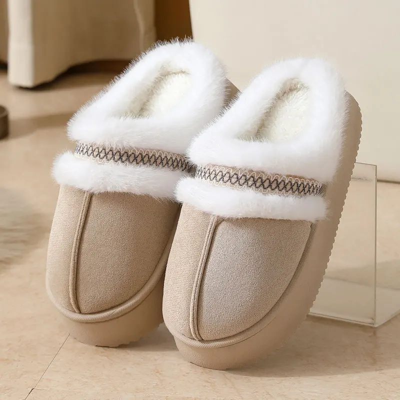 

Комфортные нескользящие домашние тапочки на толстой подошве, женские зимние теплые длинные плюшевые парные тапочки 2025 года, мягкие плюшевые сабо на платформе с пушистым мехом
