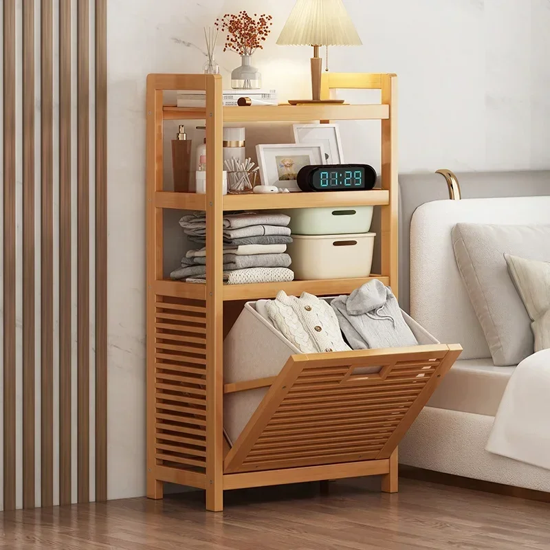 Bamboo Multi-layer Floor Type Storage Shelf Simple Bathroom Dirty Clothes Basket Multi-functional Flip Cover Storage Cabinet