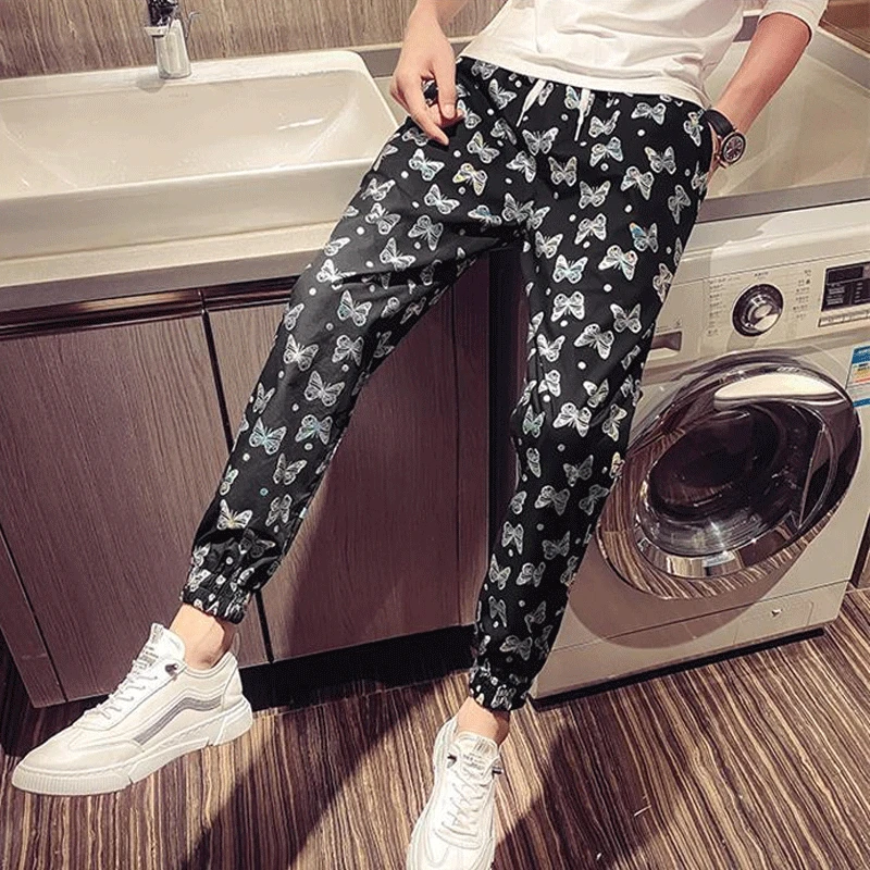 2023 Men\'s Clothing Summer Trend Korean Version Fashion Casual Bow Printed Loose Elastic Waist Sports Lightweight Wide Leg Pants