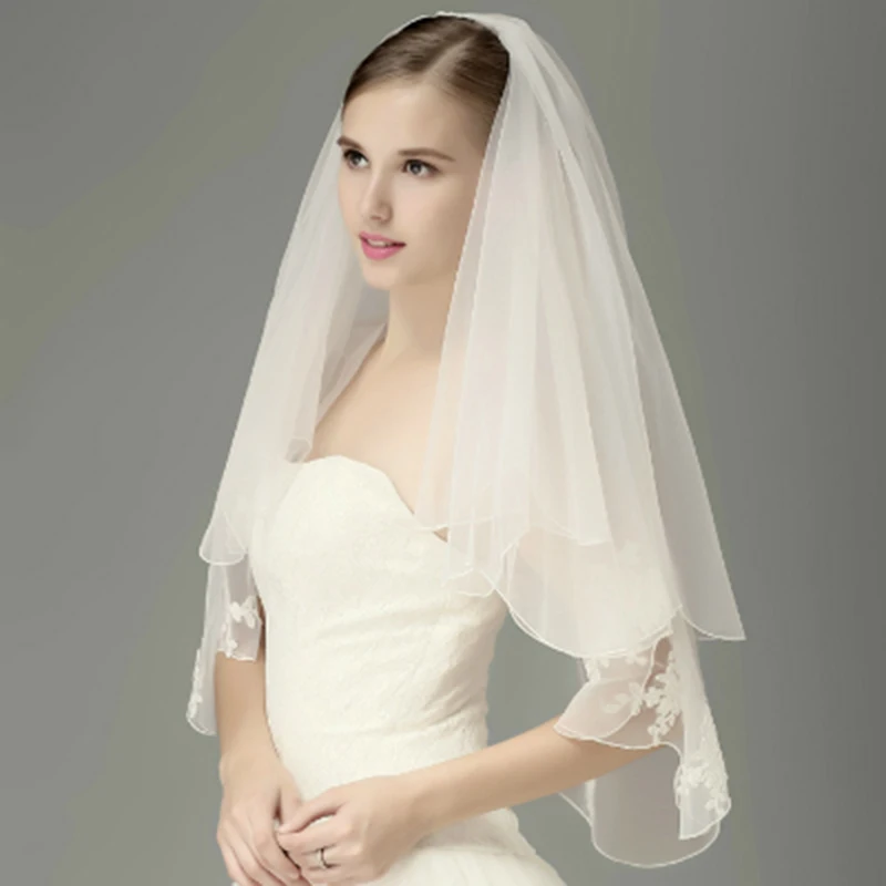 2 layer soft Material short Appliqued Lace Wedding Veil Pencil Edge White Ivory Bridal Veils