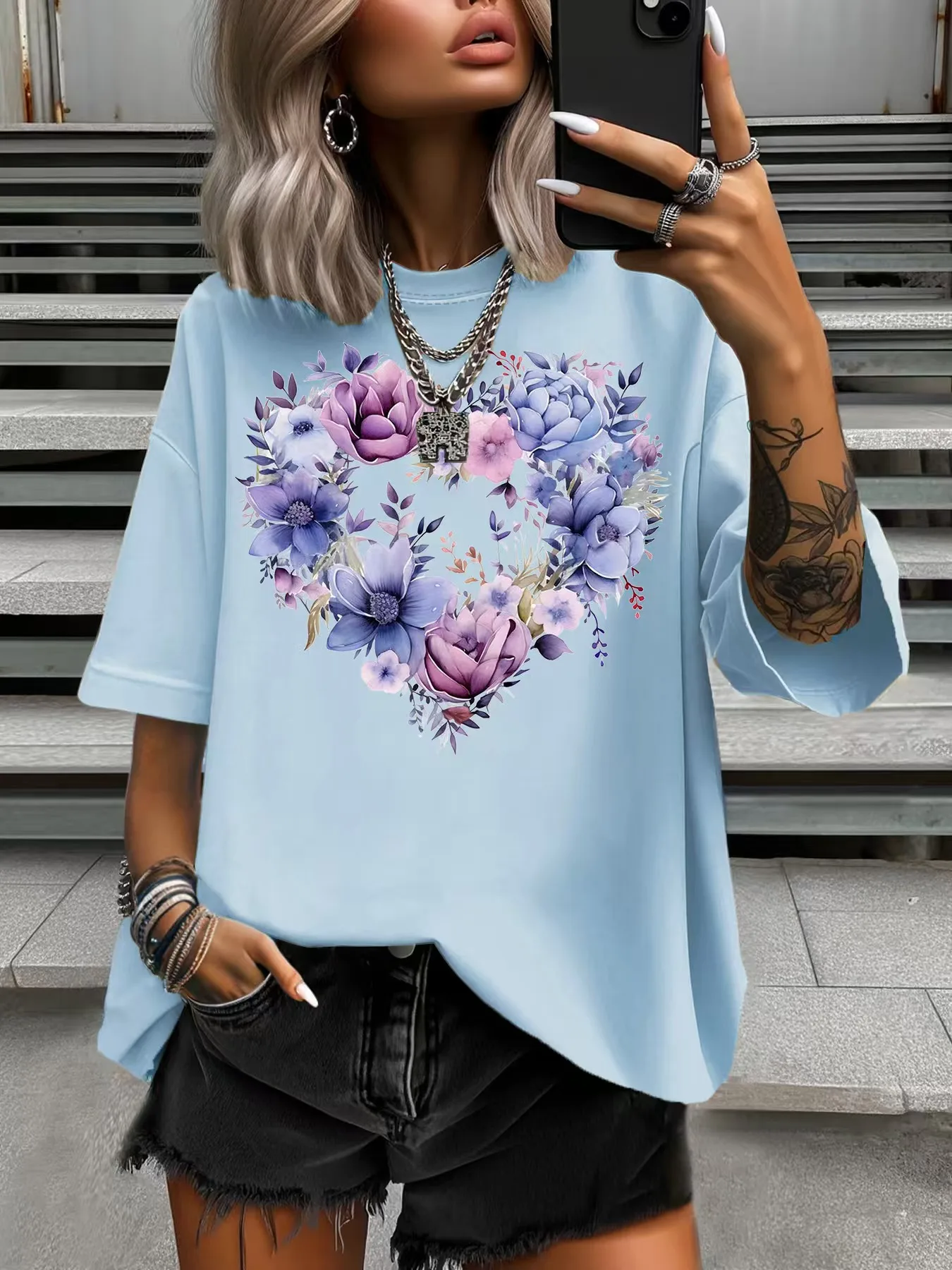 

Summer Women's Plus Size T-Shirt Original Design Fashion Colorful Love Heart Printed Women's Casual Crew Neck Short Sleeved Tops