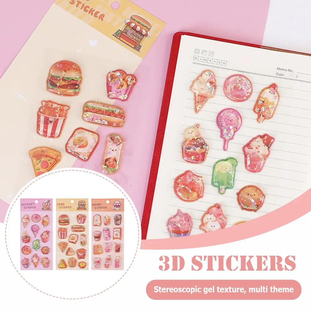Kawaii 3D Water Shake Stickers for Phone Case Scrapbooking DIY Decoration, Mini Hamburger Ice Cream Milk Tea 3D Journal Stickers