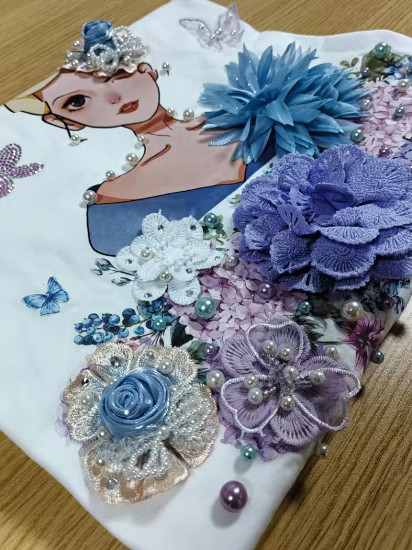 Luxury Design Y2K Clothes Pearls Beads White Cotton T-shirt For Women\'s Short Sleeve 3D Flowers Tops Tees Female Clothing Tshirt