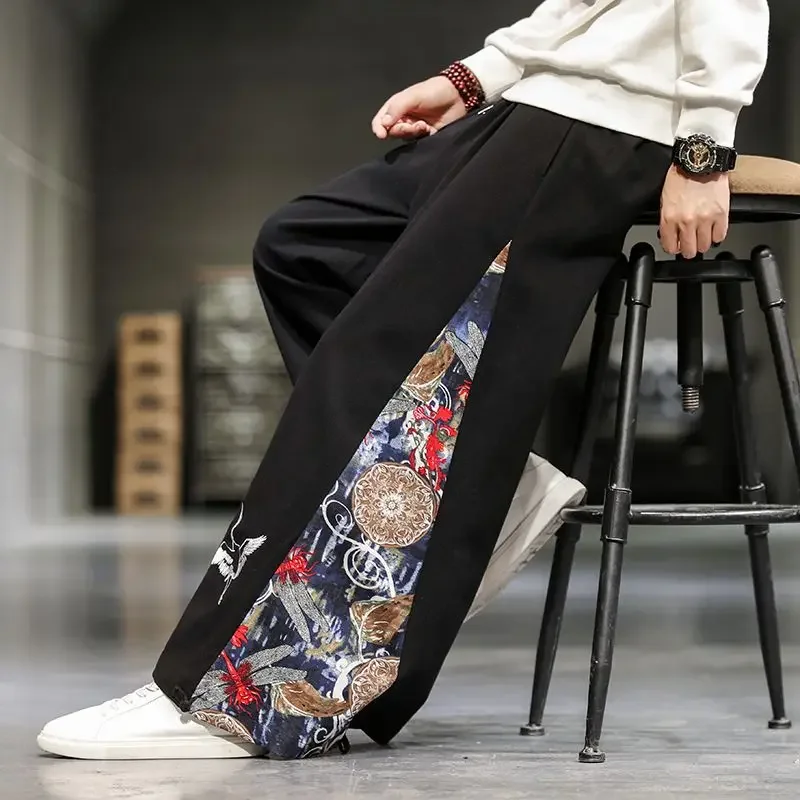 Casual Wide Leg Pants Chinese Traditional Tang Suit for Men Ethnic Style Cotton Linen Long Kung Fu Pants Tai Chi Plus Size 5XL