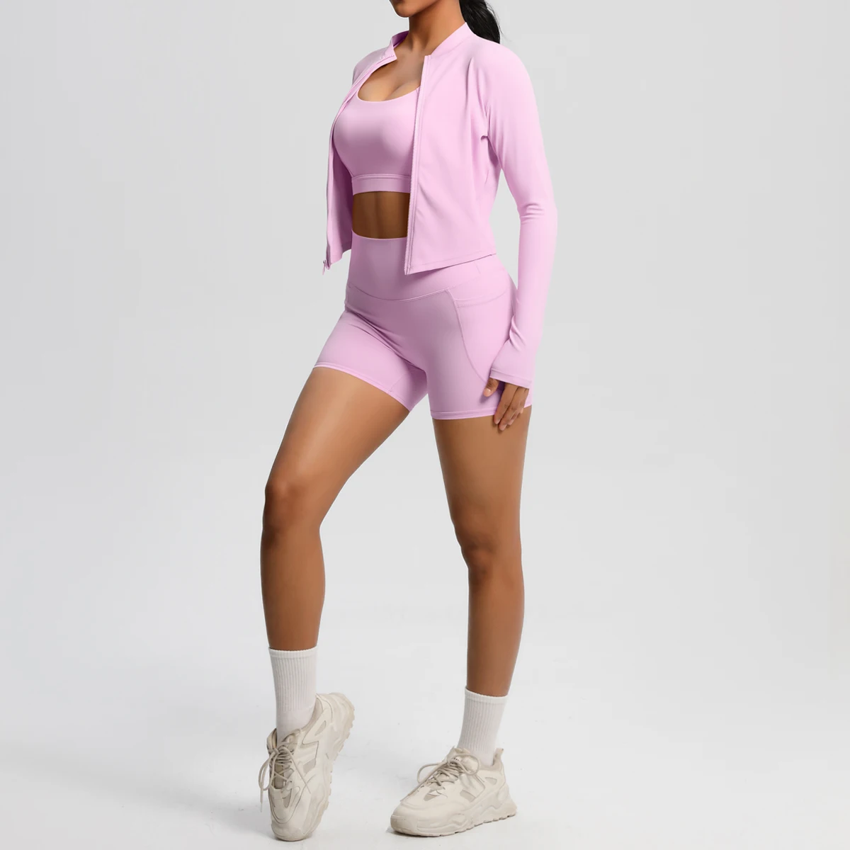

3 Pieces Solid Color Yoga Coat Bra Pockets Shorts Set Slim Running Zipper Jacket Gym Workout Top Push Up Fitness Shorts Yoga Set