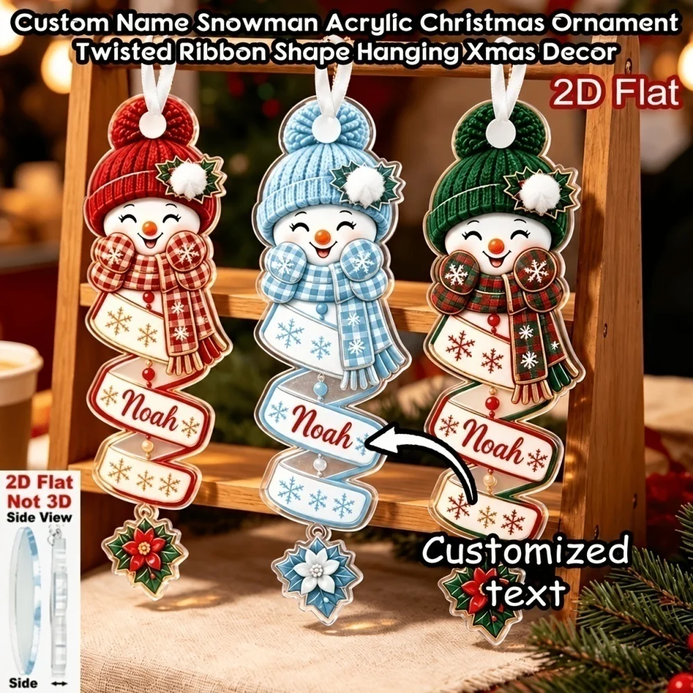 2D Flat Personalized Twisted Ribbon Snowman Acrylic Christmas Ornament Custom Name Xmas Tree Hanging Pendant Winter Holiday Gift